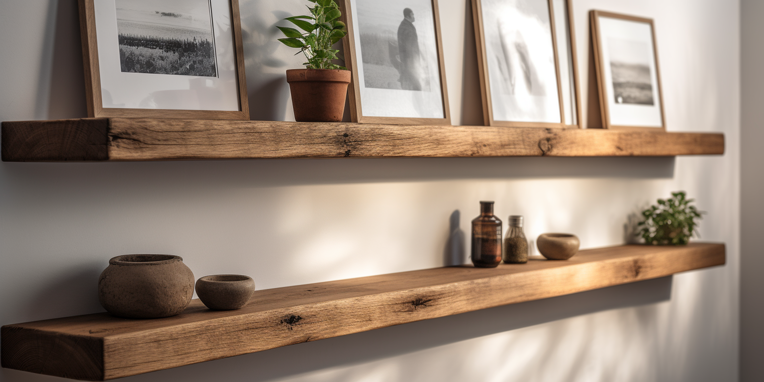 Aged oak floating shelves