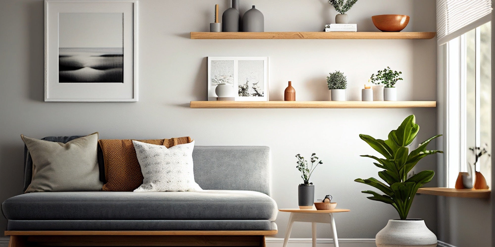 Living room oak shelves