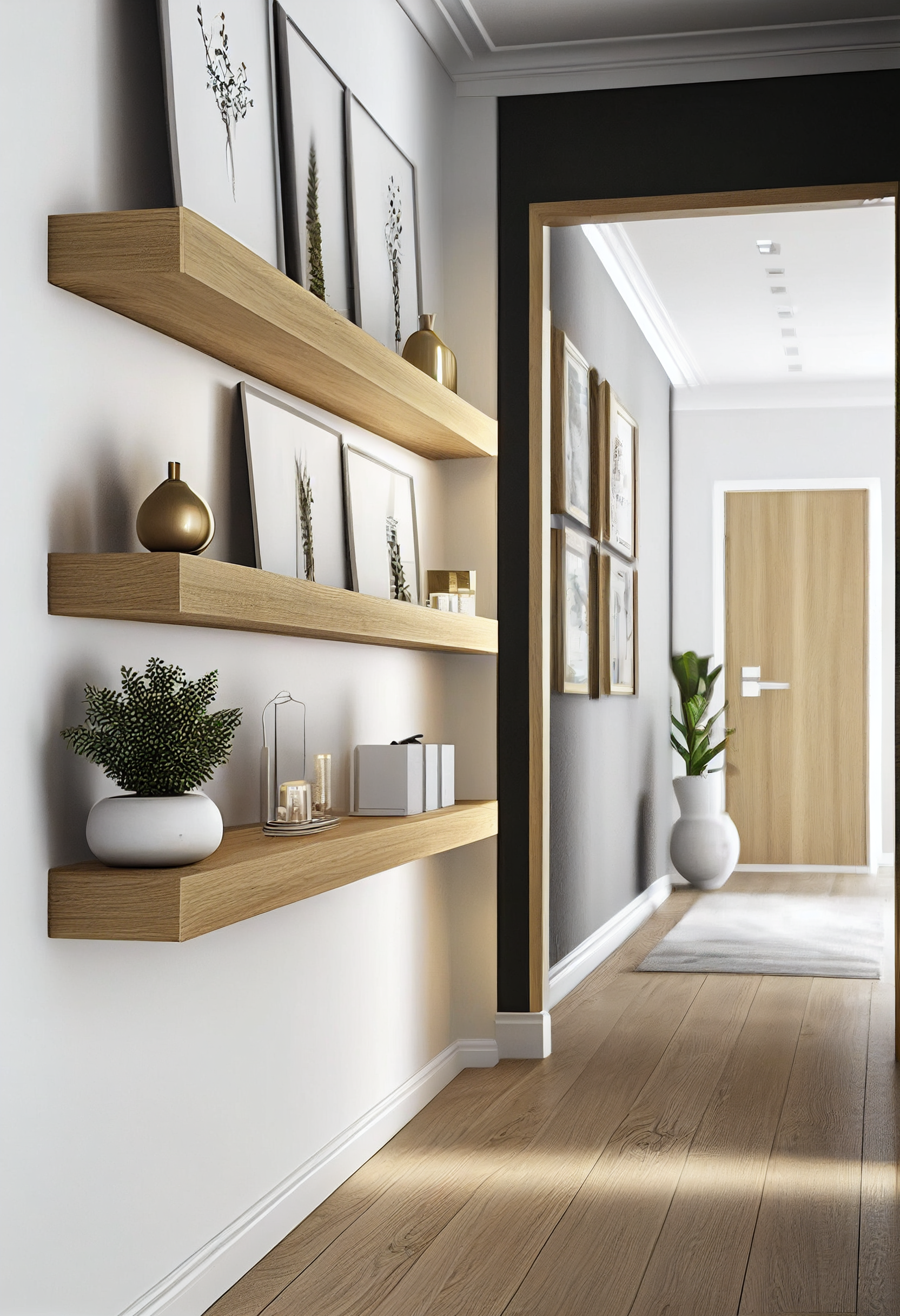 Oak shelving in a corridor