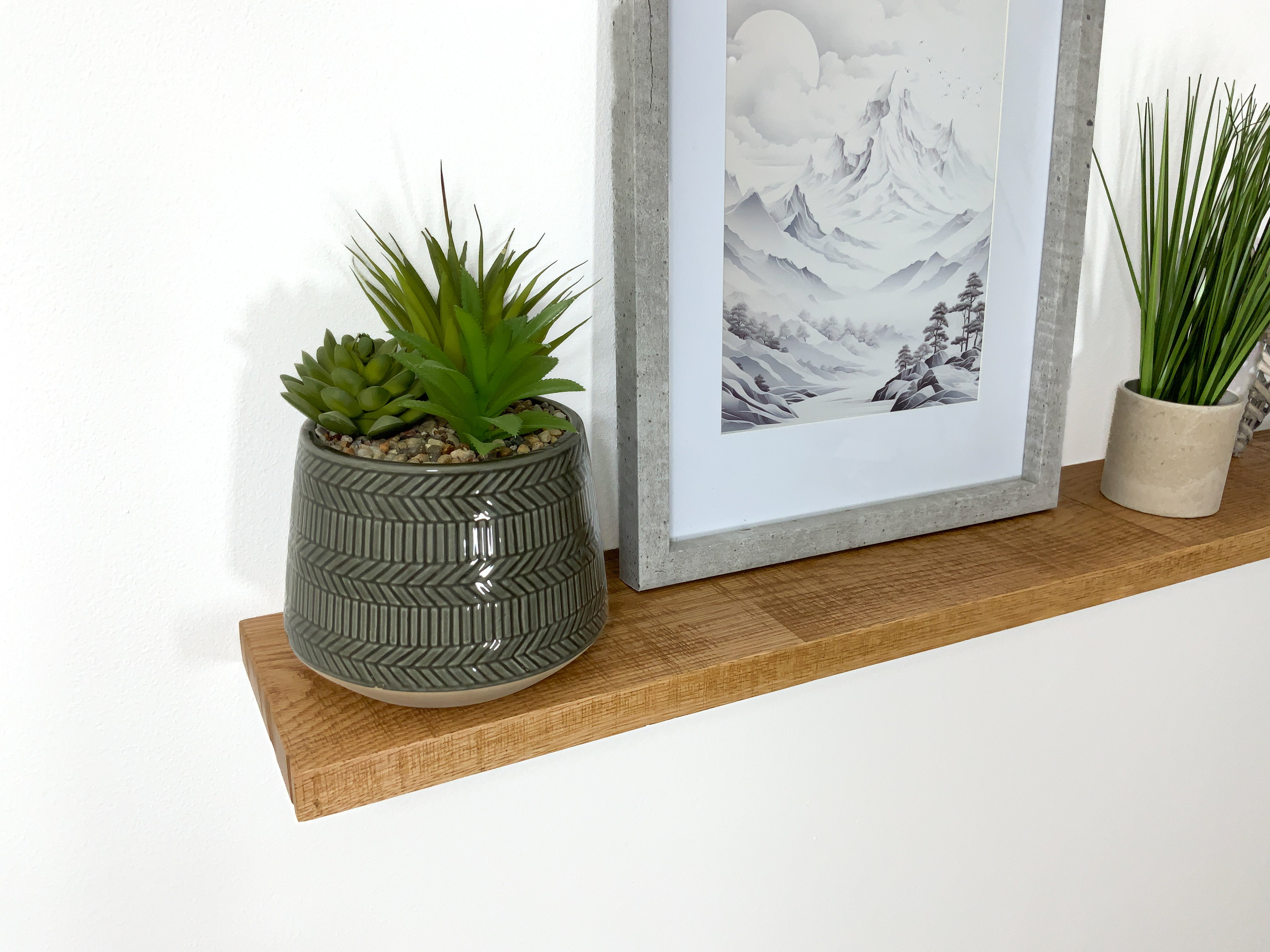 Slim light rustic oak floating shelf close up