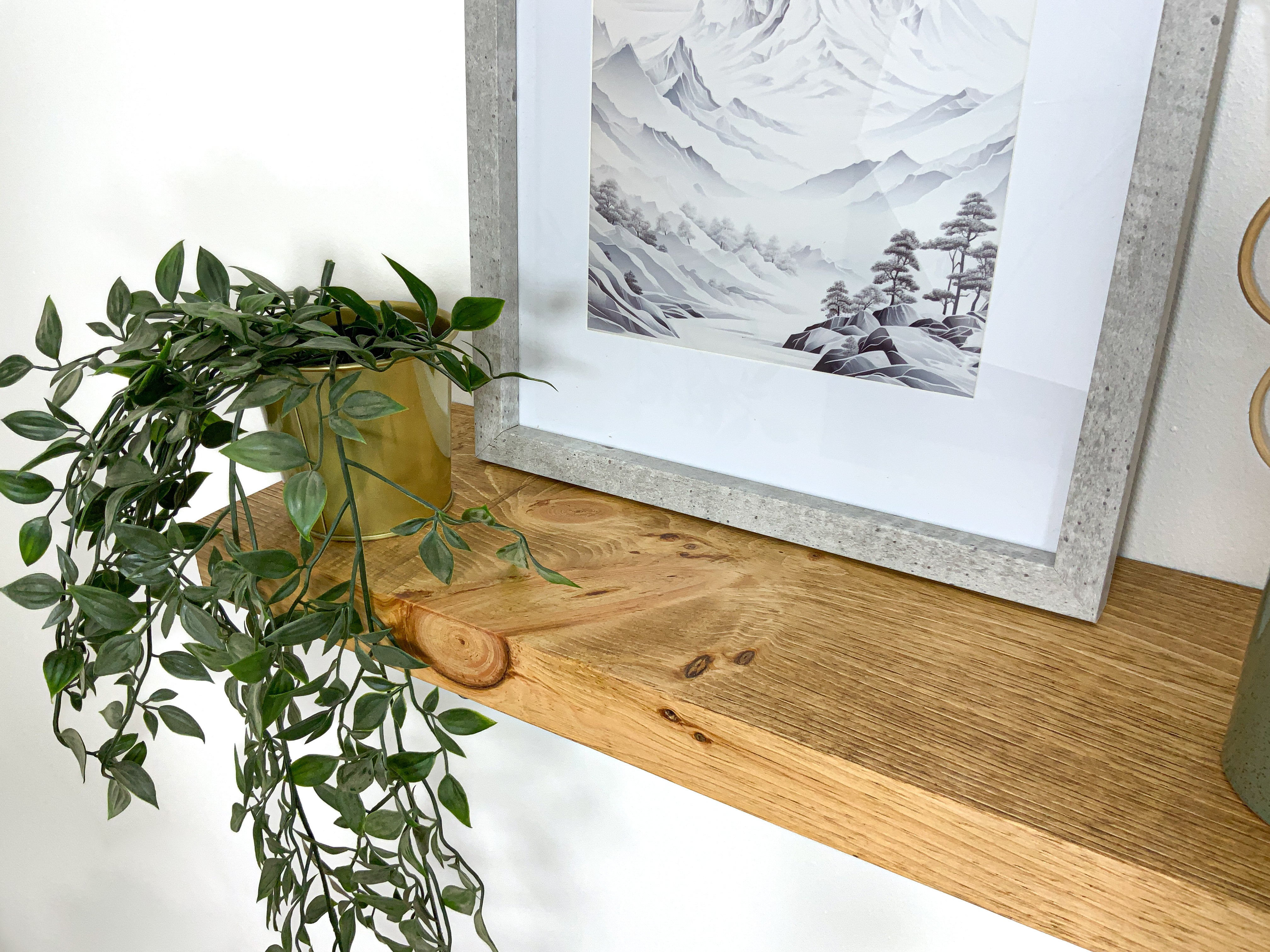 Thick light rustic pine floating shelf grain detail