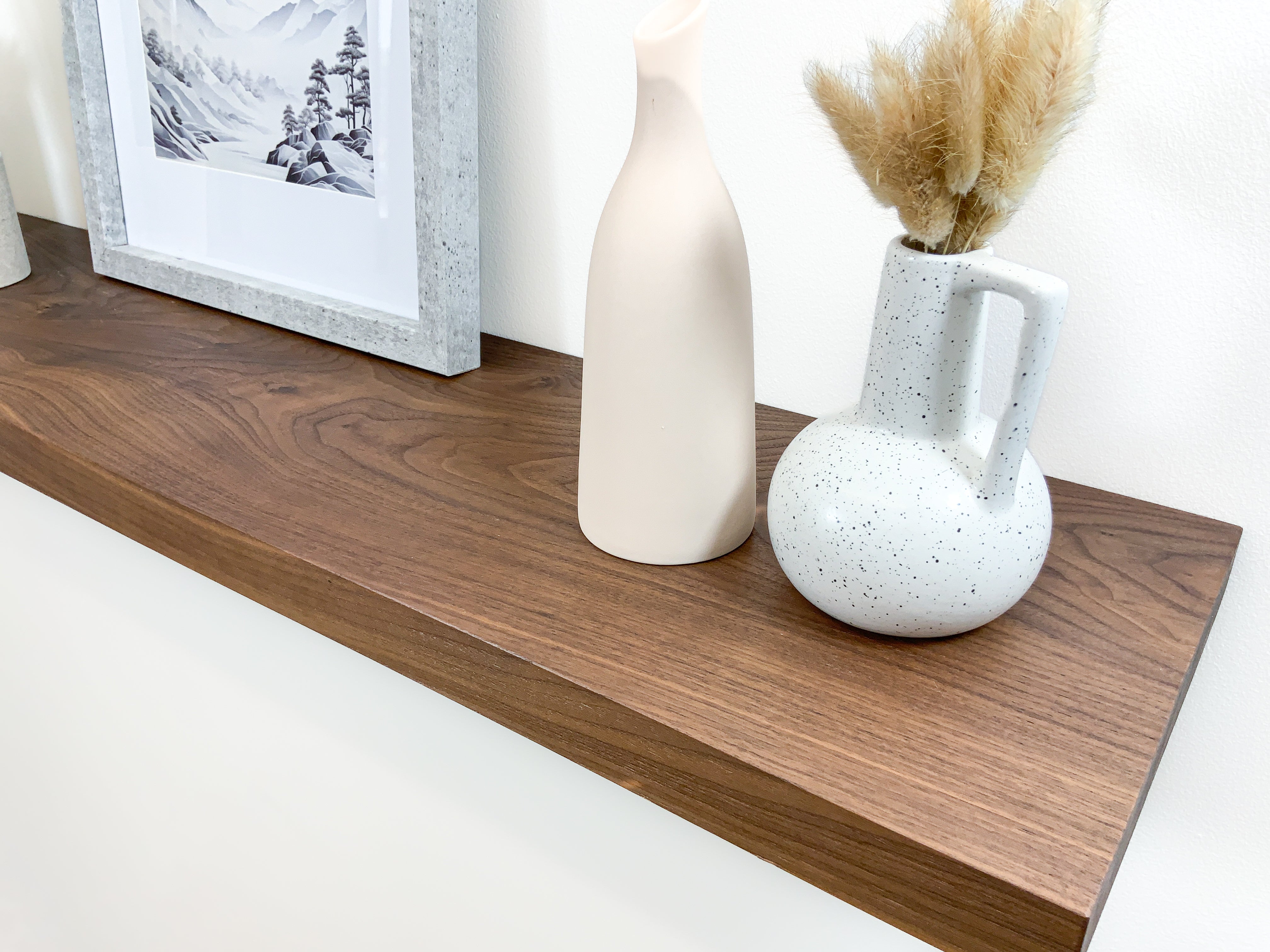 Thick modern walnut shelf close up