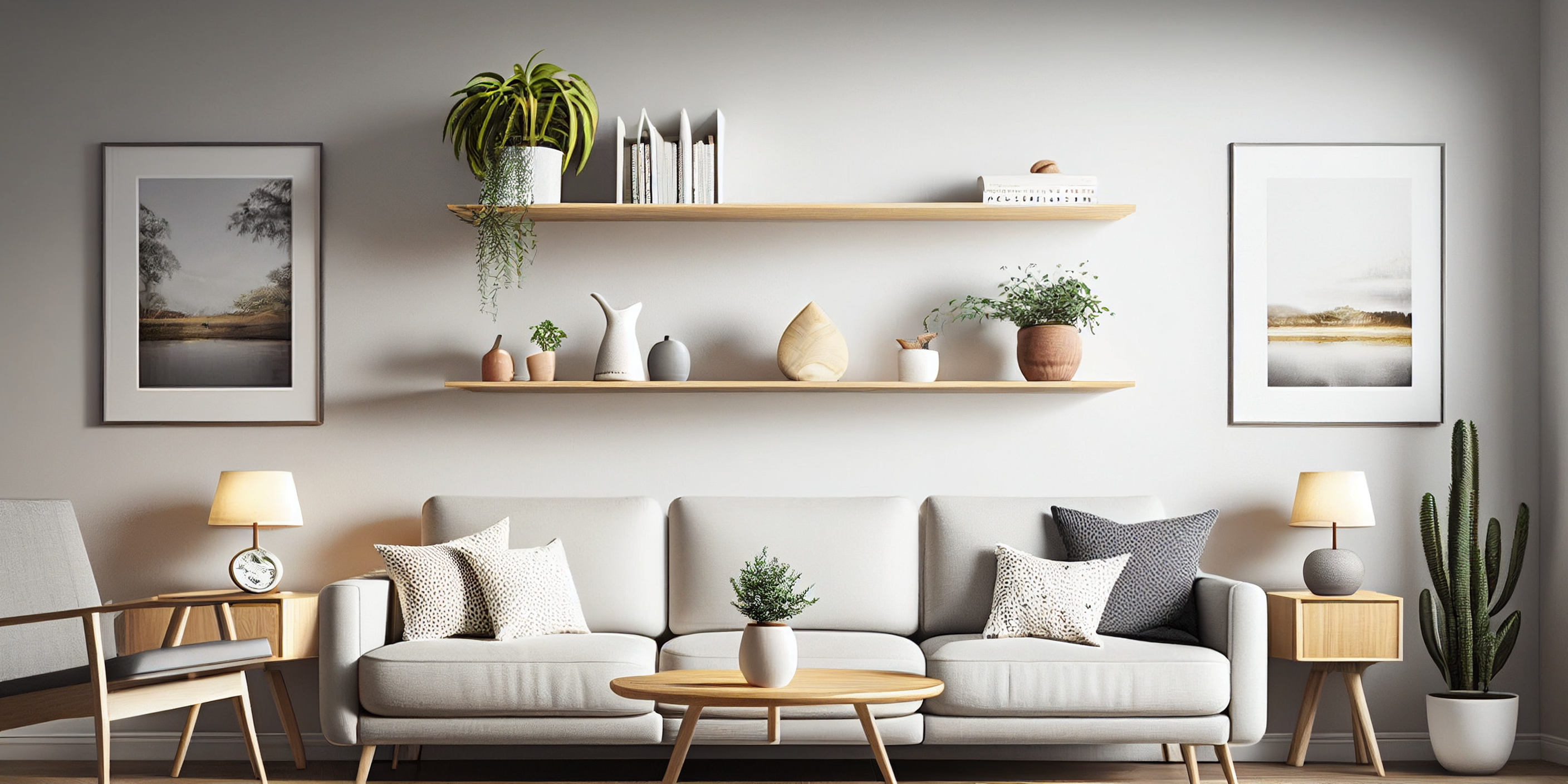 Thin living room pine shelves