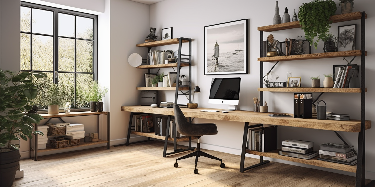 Rustic oak shelves in a stylish home office