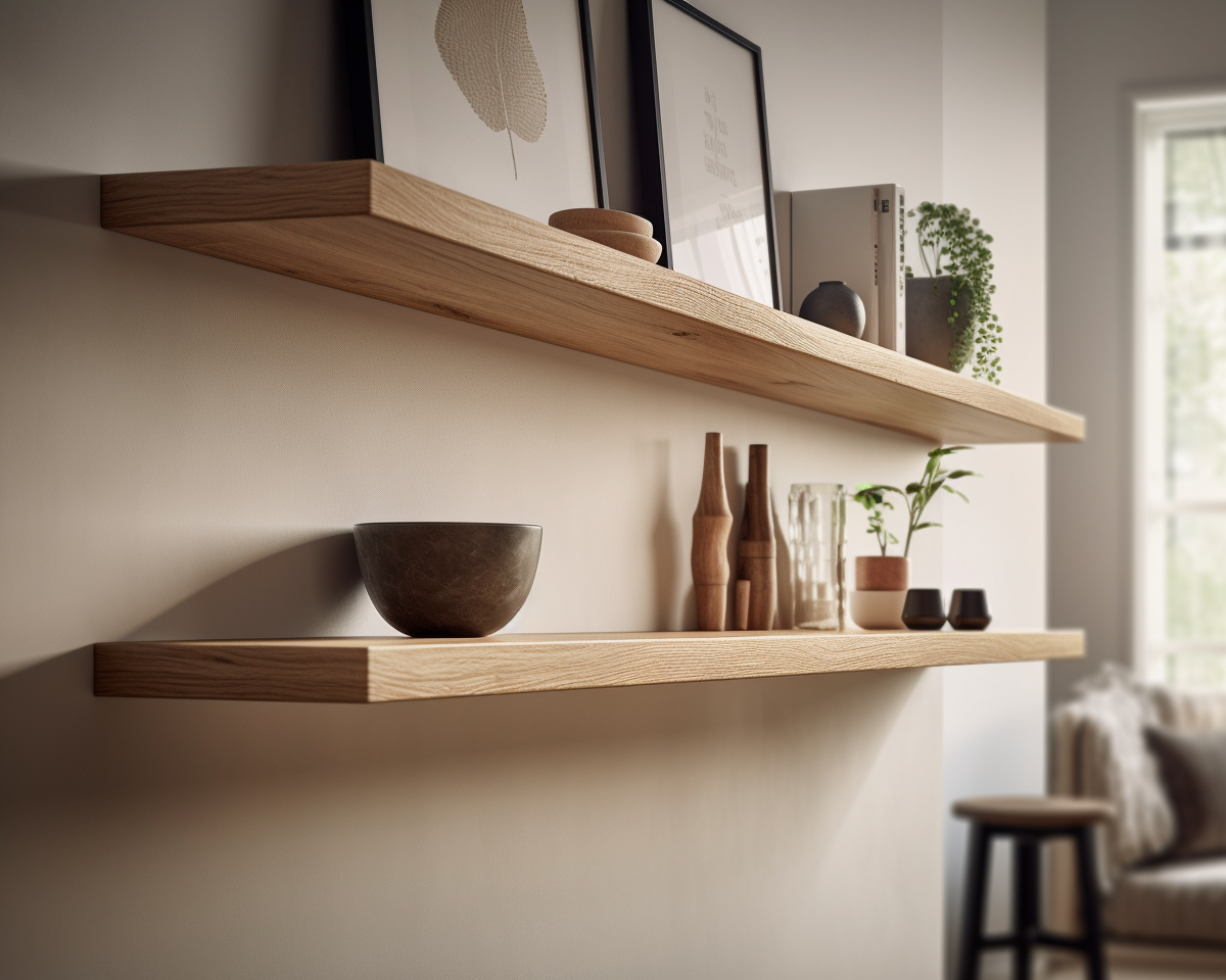 Custom oak floating shelves