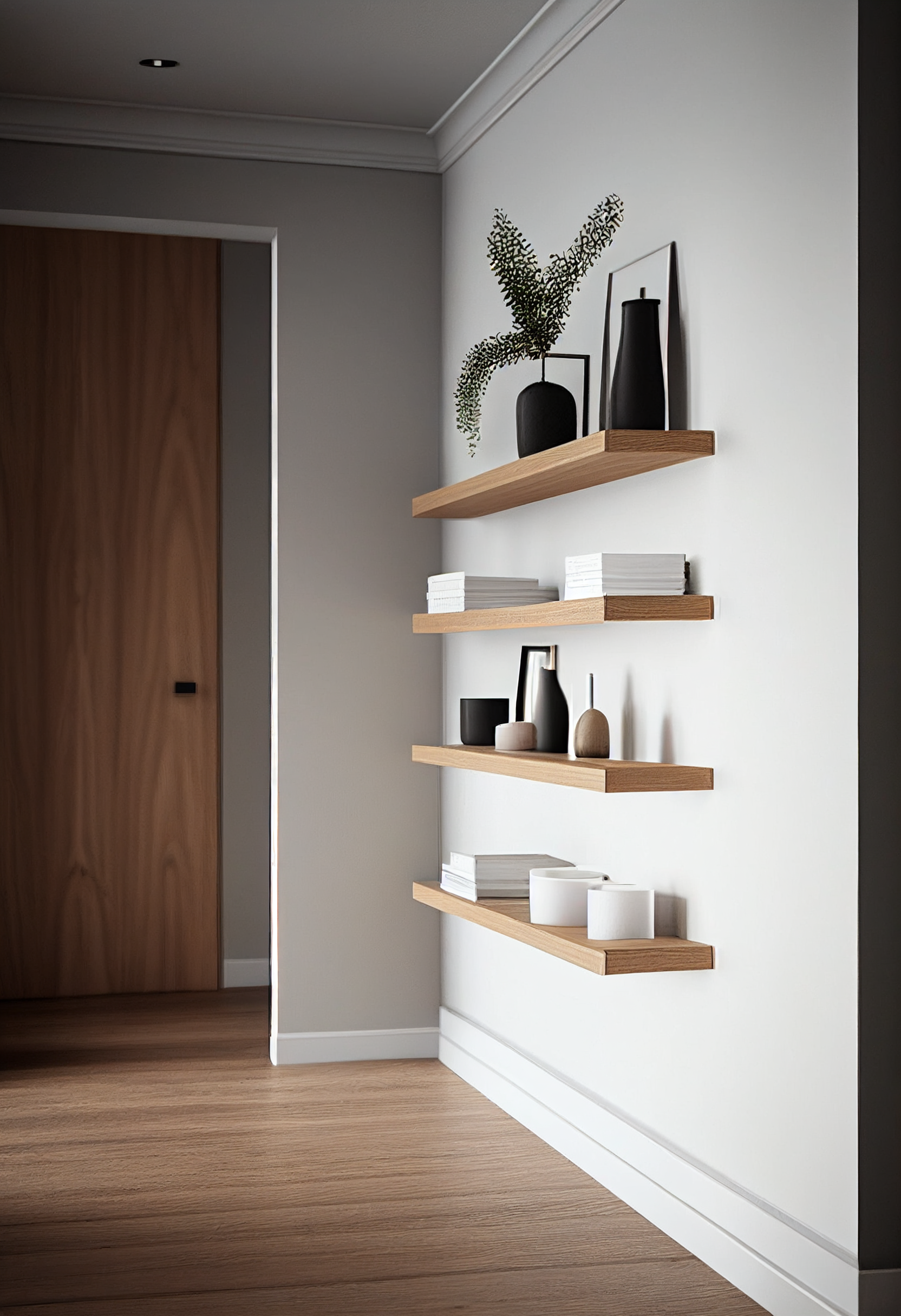 Hallway oak floating shelves