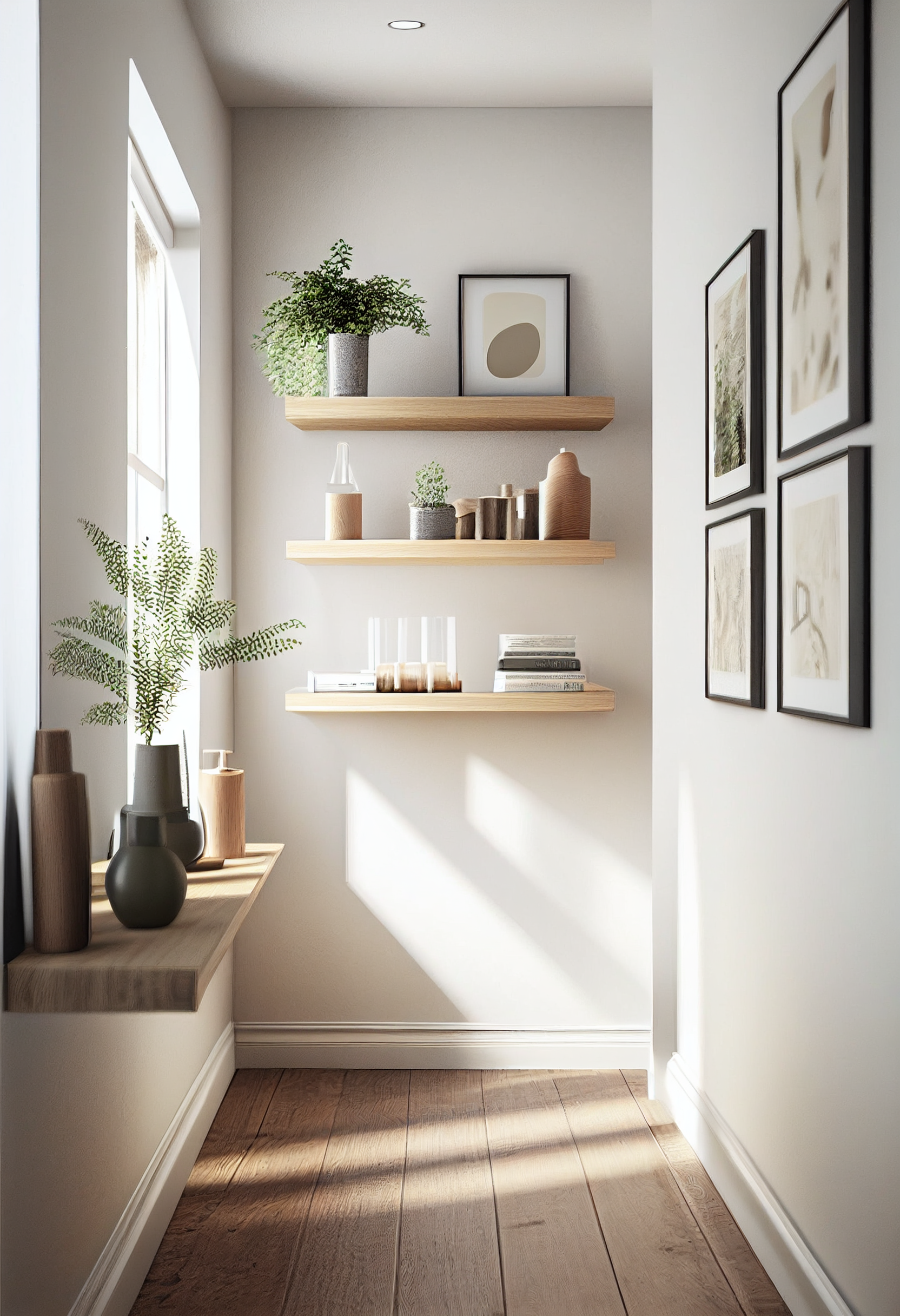 Hallway oak floating shelves