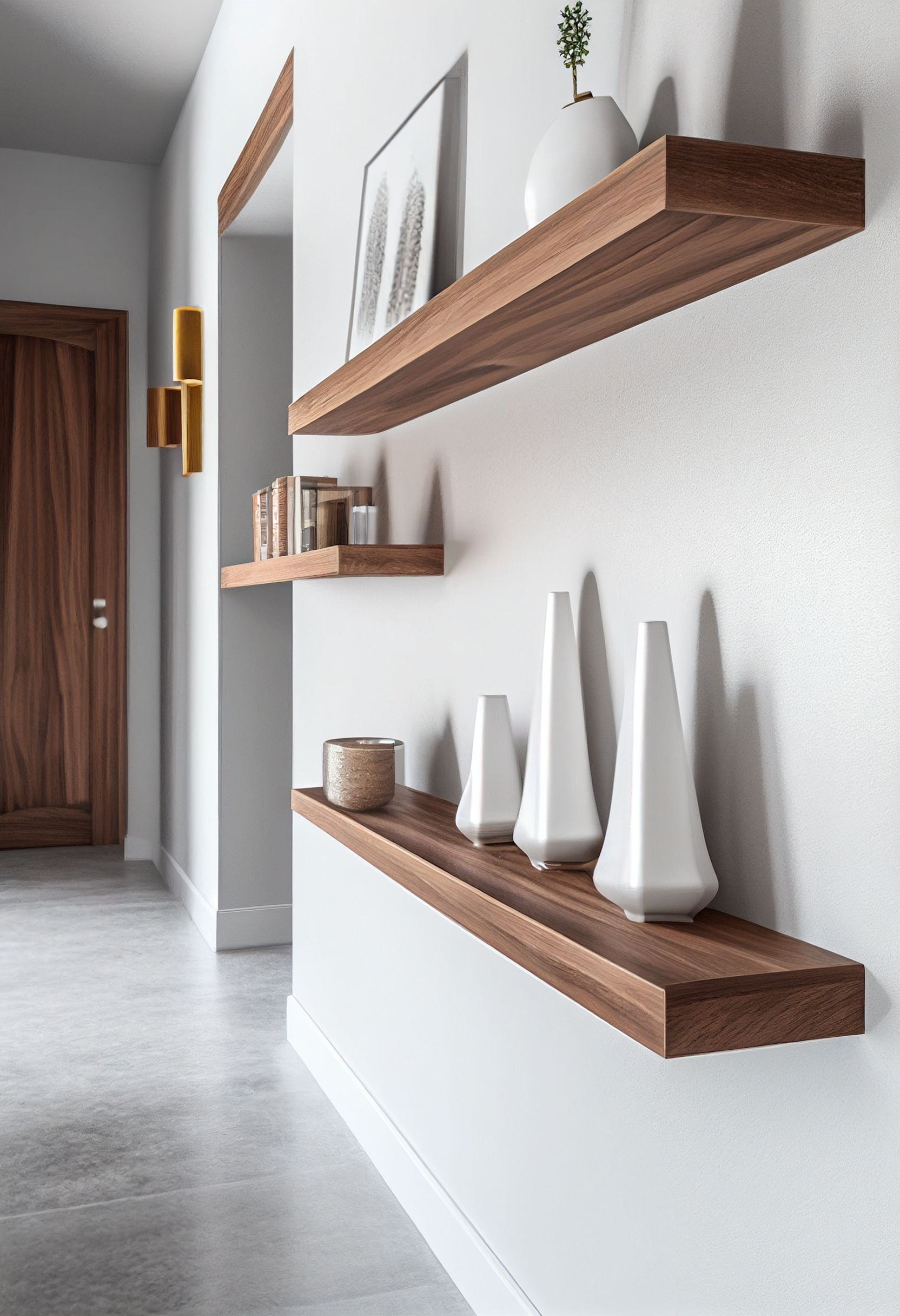 Hallway walnut shelves