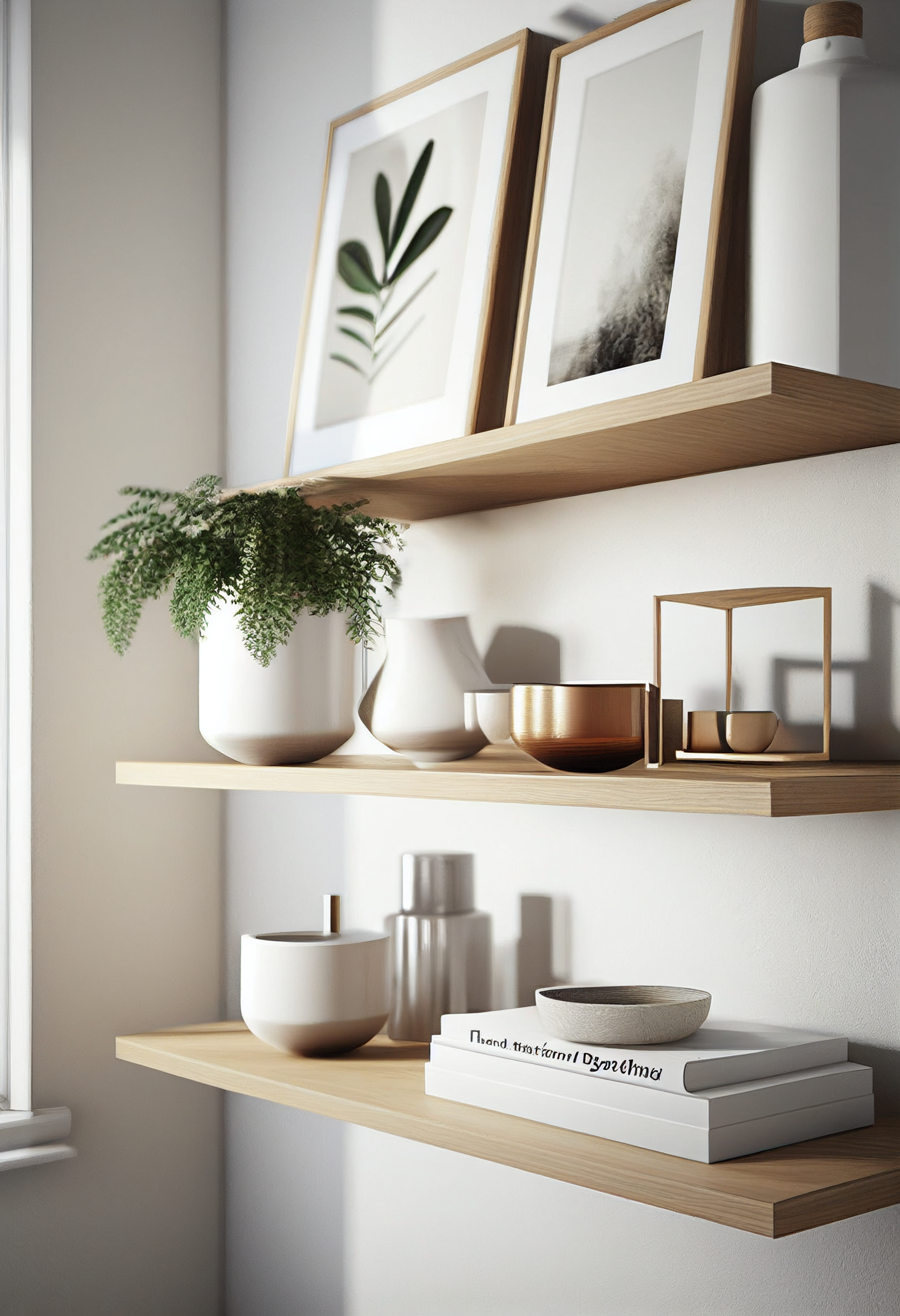 Light wooden floating shelves