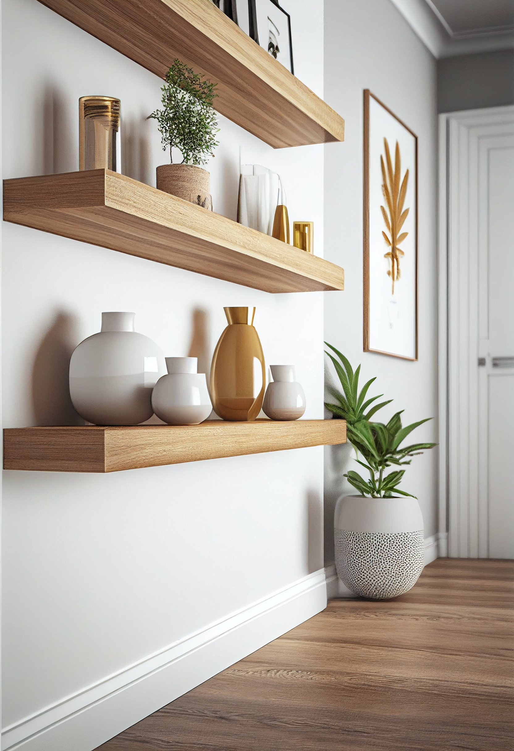 Modern hallway oak shelves