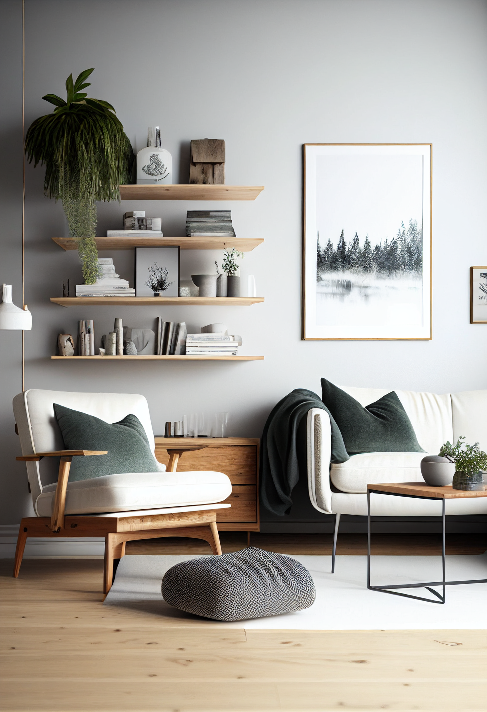 Narrow floating pine shelves