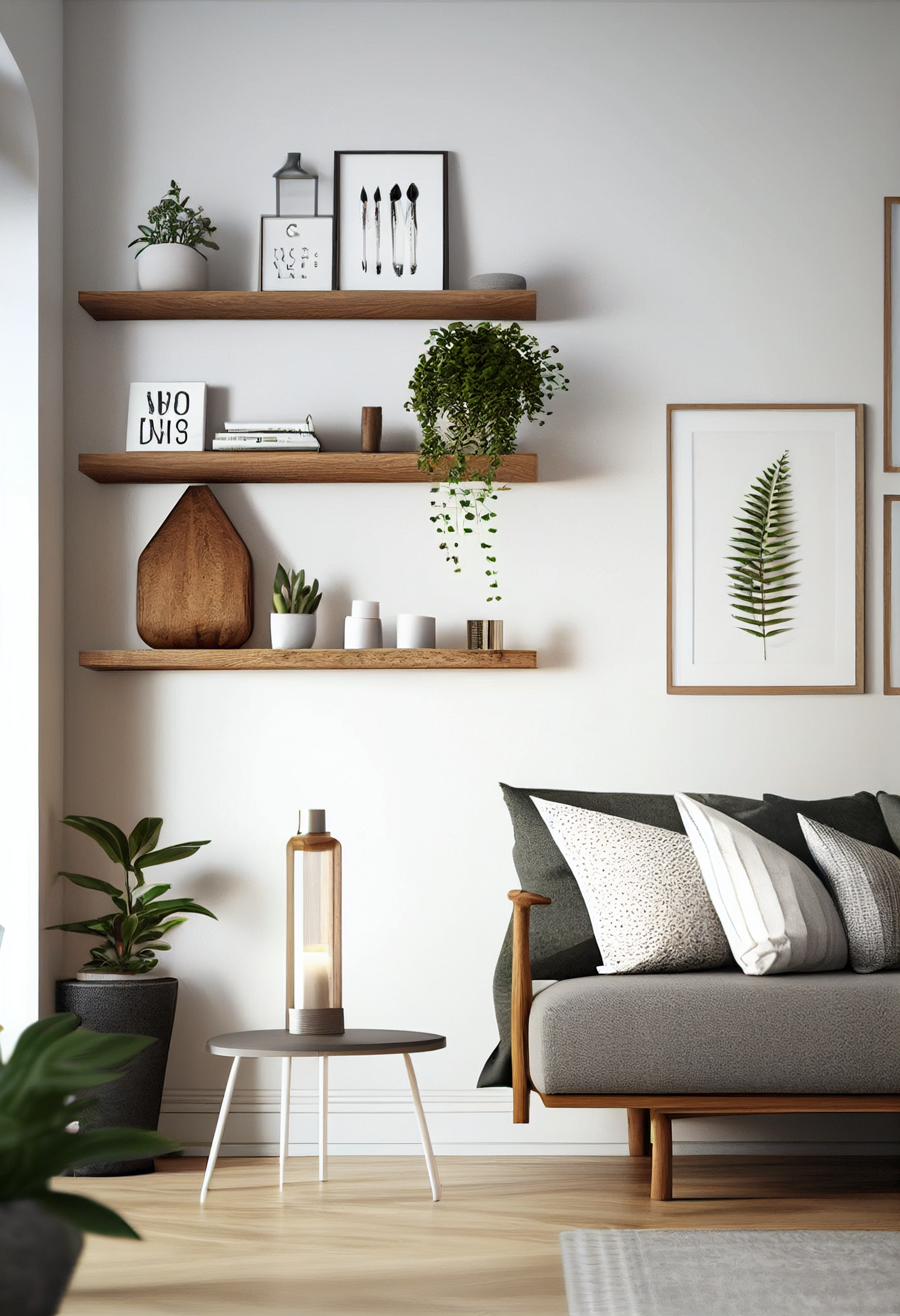 Rustic wooden floating shelf display