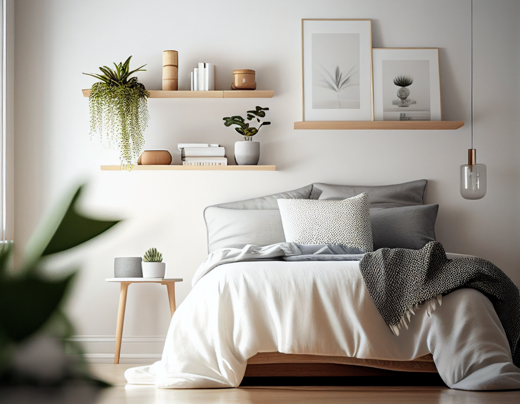 Slim oak shelf in a bedroom