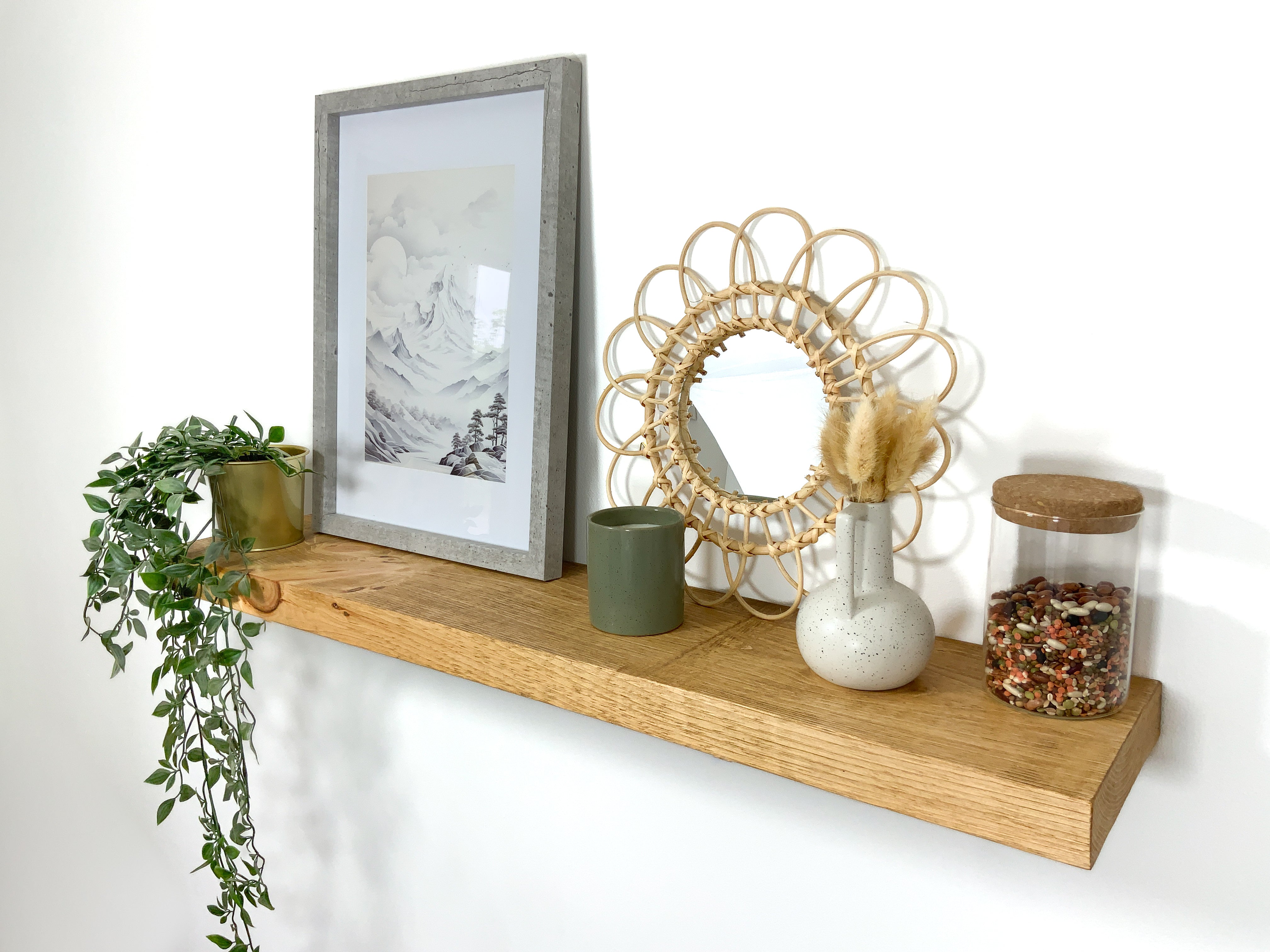 Thick light rustic pine floating shelf side