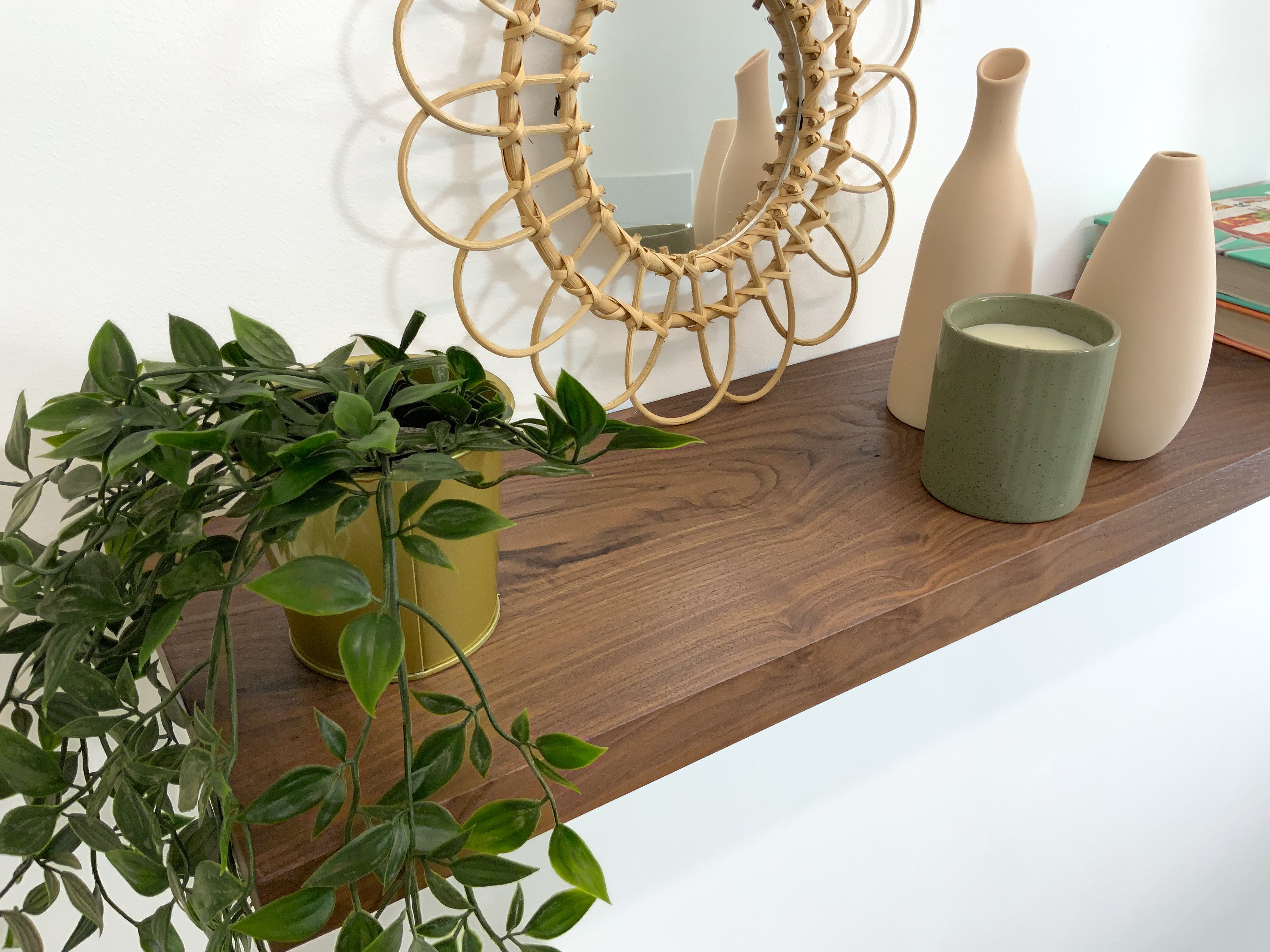 Thick modern walnut shelf with accessories