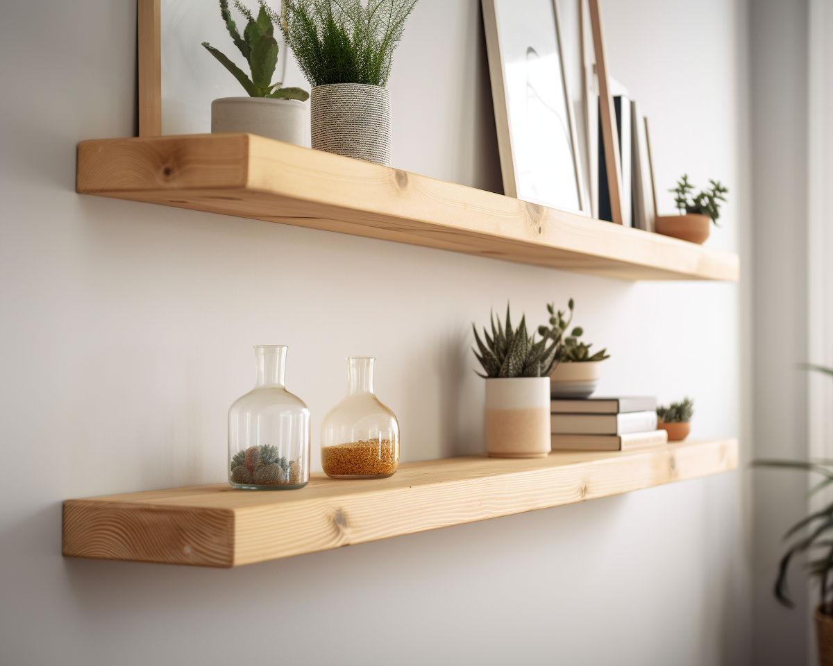 Thick floating pine shelves